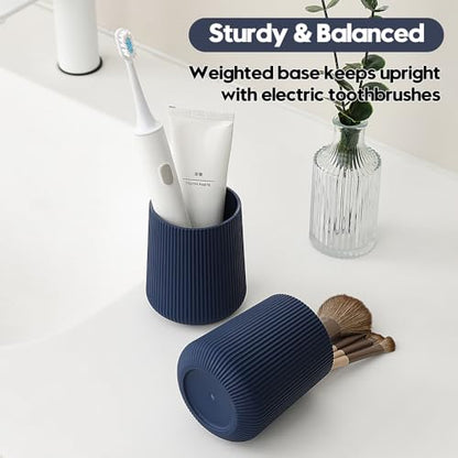 YAUKPH Navy Blue Striped Toothbrush Holder | for Electric Toothbrushes Bathroom Organizer Cup for Toothpaste Kids & Adults - color: Blue Ribbed