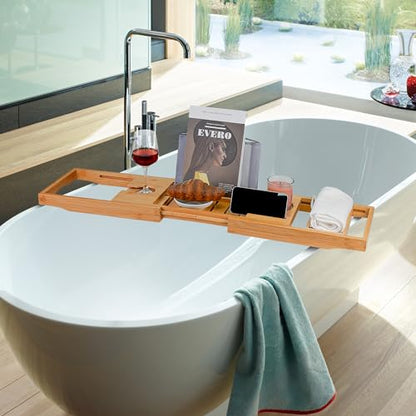 Utoplike Bamboo Bathtub Caddy Tray for Tub, Adjustable Bath Table | Bathroom Organizer with Book Tablet, Wine Glass Cup, Towel Holder - color: Natural