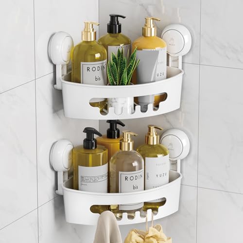 Corner Shower Caddy Suction Cup, shower shelves suction cup, White | 2 Pack Basket Bathroom, Waterproof & Oil-proof Organizer,No-Drilling Removable - color: White, size: 2 × Medium