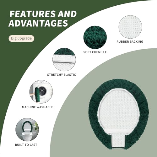 Soft Microfiber Toilet Lid Cover 17.5" x 15" Machine Washable | Solid Toilet Seat Cover Adjustable Rubber Backing Fits Most 16 -17.5" L x 14-16" W Round Oblong and Elongated Toilet Seat - color: Dark Green