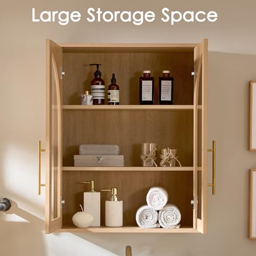 Bathroom Wall Cabinet, 23.5×31.4'' Storage Cabinet, Arched Cabinet Wall Mount with Adjustable Shelf & Glass Doors, Medicine Cabinet for Laundry Room, Bathroom, Kitchen, Living Room,Natural Oak - color: Natural Oak