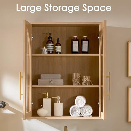 Bathroom Wall Cabinet, 23.5×31.4'' Storage Cabinet, Arched Cabinet Wall Mount with Adjustable Shelf & Glass Doors, Medicine Cabinet for Laundry Room, Bathroom, Kitchen, Living Room,Natural Oak - color: Natural Oak