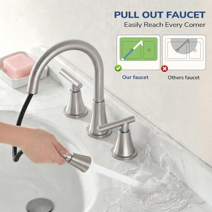 8 Inch Pull Out Sprayer Bathroom Faucet 3 Hole, Widespread 2 Handle Sink Faucet with Pop Up Drain and Supply Lines, Stainless Steel for Vanity, RV, Brushed Nickel - color: Brushed Nickel, size: 8 IN