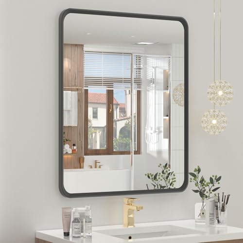 OKPAL 20 x 24 Inch Black Bathroom Mirrors for Over Sink, Rounded Rectangle Black Bathroom Vanity Mirror, Beveled Framed Mirror for Wall, HD Glass, Anti-Rust Aluminum Alloy Mirror - color: Matte Black, size: 24"L x 20"W