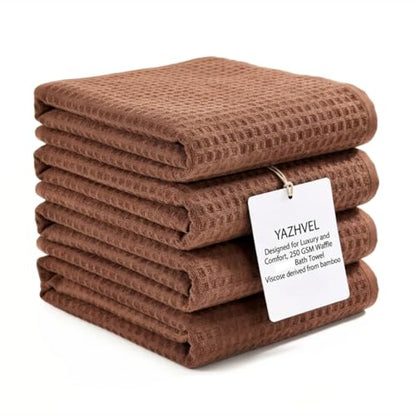Bamboo Viscose Waffle Bath Towels - Pack of 4 - Brown - 250 GSM – 100% Viscose Derived from Bamboo - Quick-Dry Waffle Weave - Spa & Gym Ready - Oeko-TEX Certified – Absorbent - Breathable - color: Brown