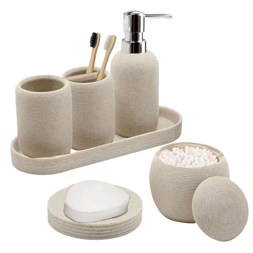 Bathroom Accessory Set, 6PCS Beige Bathroom Accessories - Soap Dish, Lotion Dispenser, Toothbrush Holder, Mouthwash Cup, Tray, Cotton Ball Jar, Aesthetic Decor Bathroom Sets - color: Beige,silver