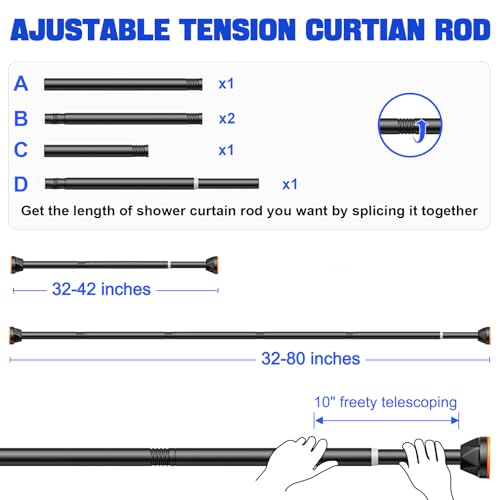 TITGIPE Black Shower Curtain Rod 32-80 Inches, No Drilling Tension Curtain Rod, Rust Proof Adjustable Spring Rods for Bathroom and Window, Stainless Steel - color: black, size: 32-80 inches