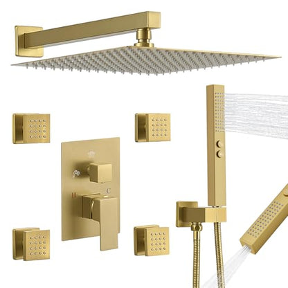 RUMOSE Rainfall Shower System with 4 Full Body Jet 4 Mode Shower Faucet Set | 12 Inch Rain Shower Head, 2 in 1 Handheld Spray, Brushed Gold Brass Shower Jet Shower Fixtures, Wall Mounted - color: Brushed Gold