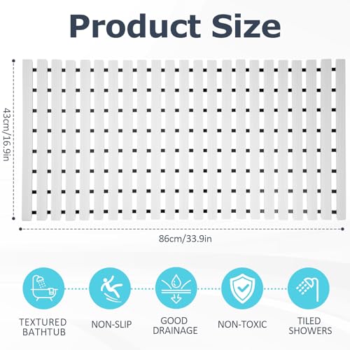 White Weighted Non Slip Bathtub Mat Without Suction Cups,Textured TPE Bath Mat for Textured Tub & Shower Surfaces,Doesn't Float, Works on Tile and Stone(33.8”x 17”)