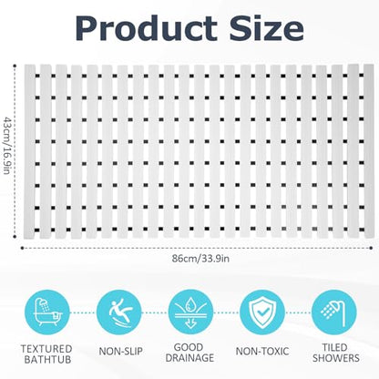 White Weighted Non Slip Bathtub Mat Without Suction Cups,Textured TPE Bath Mat for Textured Tub & Shower Surfaces,Doesn't Float, Works on Tile and Stone(33.8”x 17”)