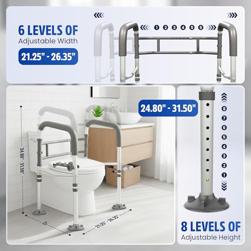 Toilet Safety Rails for Seniors 350lb, Adjustable Height & Width Toilet Bars for Elderly | Foldable Non-Slip Toilet Safety Frame, 4 Suction Cups & 4 Tips, Reinforced 2 C-Clamp – Fits Most Toilets