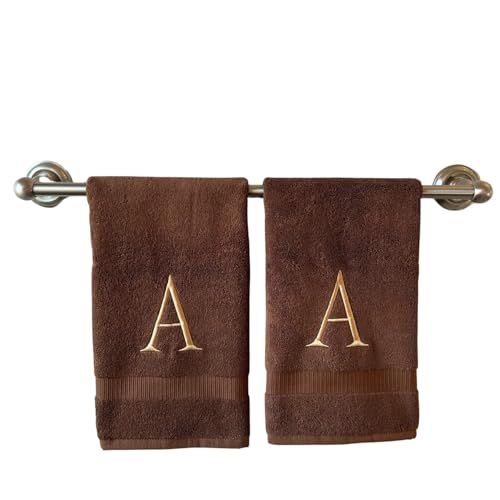 Brown with Beige Monogrammed Hand Towels for Bathroom - Set of 2 Letter A | Luxury Hotel Quality Initial Towels For Powder Room, Spa, GOTS Organic Certified - color: Brown With Beige, size: Initial A