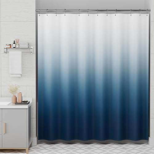 AmazerBath Shower Curtain, Cloth Ombre Blue Curtain Set with 12 Hooks, Washable Fabric Navy and White Curtain, Rustic Farmhouse Bathroom, 72x72 Inches - color: A- Blue Ombre +12 Metal Hooks, size: 72"W x 72"L (Pack of 1)