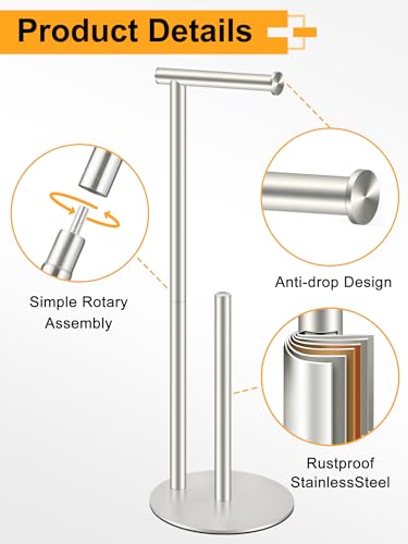 Toilet Paper Holder Stand, Rustproof Modern Free Standing Bathroom Tissue Holder Storage for 4 Rolls, Stainless Steel Anti-Slip Base with Reserve, Brushed Nickel, YOFOVI