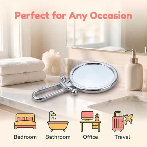 Magnifying Handheld Mirror Double Sided, Travel Makeup Hand Mirrors with 1X 2X Magnification, Small Hand/Desk Vanity Mirror (1Pc Silver) - color: 1pc Silver