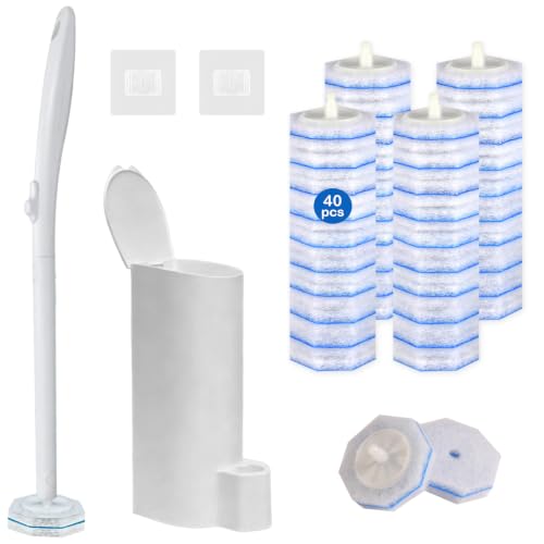 Disposable Toilet Brush and Holder Set with 40 Brush Heads, Wand & Caddy | Pre-filled Toilet Bowl Cleaner, 5X Cleaning Power, Firm & No Dropping, Wall-Mountable, Touch-Free, Toilet Cleaning Kit - size: Starter Kit+40 Refill Heads