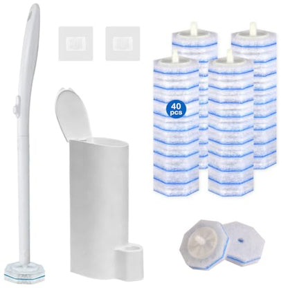 Disposable Toilet Brush and Holder Set with 40 Brush Heads, Wand & Caddy | Pre-filled Toilet Bowl Cleaner, 5X Cleaning Power, Firm & No Dropping, Wall-Mountable, Touch-Free, Toilet Cleaning Kit - size: Starter Kit+40 Refill Heads