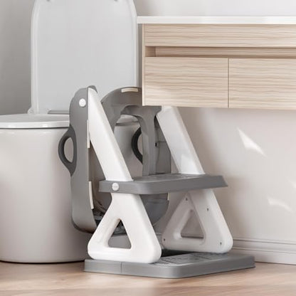 Potty Training Toilet Seat with Step Stool Ladder for Boys and Girls, 2 in 1 Potty Training Toilet, Splash Guard Anti-Slip Pad Step Stool（Gray-White) Pedal Upgrade - color: Gray-white