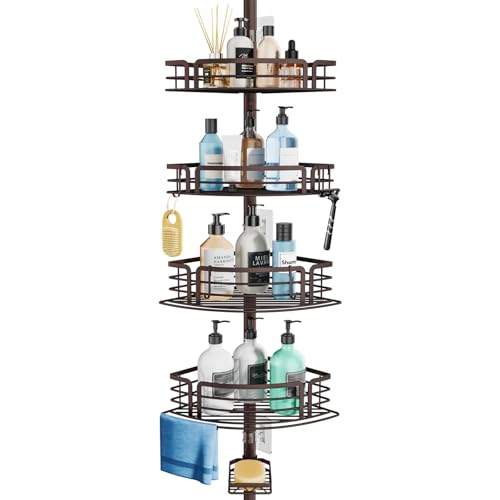 Consumest Corner Shower Caddy Tension Pole - Rustproof Shower Shelves with Towel Bar & Soap Holder, Adjustable Bath Organizer for Bathroom Storage, 27.6-108.3 inch, Bronze - color: Bronze