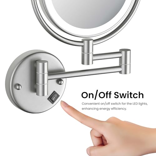 KIBI Circular Wall Mount Makeup Mirror with LED Lights, Dual-Sided 1x/5x Magnifying Mirror with Adjustable Arm, 360° Swivel, Solid Brass Construction for Durability and Style (Brushed Nickel, KMM101) - color: Brushed Nickel