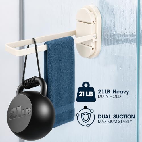 Suction Towel Rack No Drill,21LB Foldable Stainless Steel Bathroom | Dual suction rack holds 21lbs, fits glass & RV. Repositionable tool-free mount, no residue. Fold-flat rustproof brushed steel - color: White