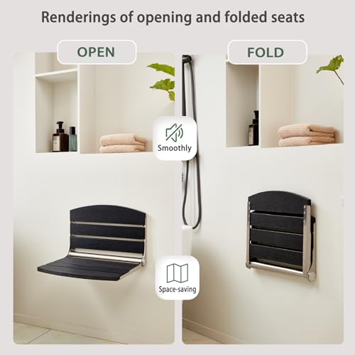 17.5" Wall Mounted Shower Seat, Fold Down Shower Seat Wall Mounted, HDPS Foldable Shower Seat, Folding Shower Seat Attached to Wall, for Inside Shower, Home Care(Black) - color: Black