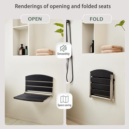 17.5" Wall Mounted Shower Seat, Fold Down Shower Seat Wall Mounted, HDPS Foldable Shower Seat, Folding Shower Seat Attached to Wall, for Inside Shower, Home Care(Black) - color: Black