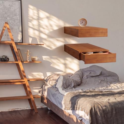 Pinkunn 2 Pack Floating Shelves with Drawers Natural Solid Wood 15.7x9.8 in | Wall Mounted Storage Shelf Hanging Rustic Plants Books Shelves for Living Room Entryway Hall Bedroom Bathroom