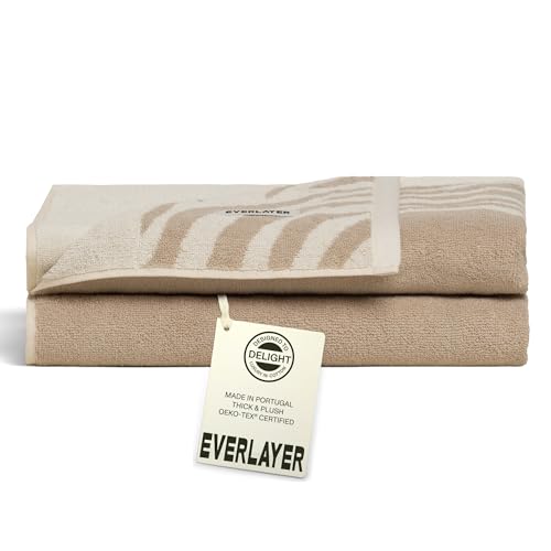Everlayer Luxury Bath Sheets, 2 Pack, 40 x 59 Inch, Made in Portugal | 500 GSM, 100% Combed Cotton, Utra-Soft & Plush, Reversible Design, Oeko-Tex Certified, Incl 2 Pieces Bath Sheets,Sand Border - color: Sand Border, size: Bath Sheet, style: 2 Pcs