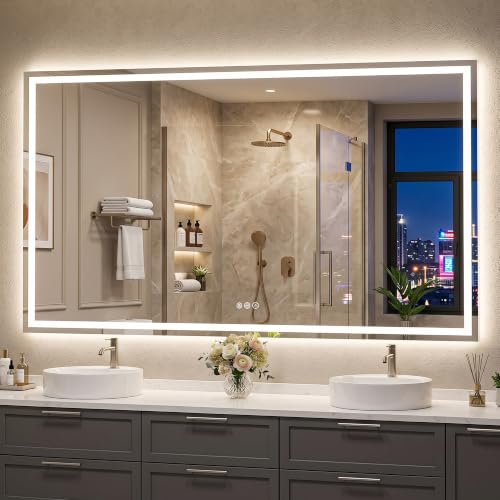 Antok 60x36 LED Bathroom Mirror with Lights, Backlit + Front Lit Vanity Mirror with CRI>90, Dimmable Anti-Fog Smart Mirror with Memory Function, 3 Color Temperatures, Shatterproof Tempered Glass, ETL - color: White (3 Light Modes), size: 60"L x 36"W