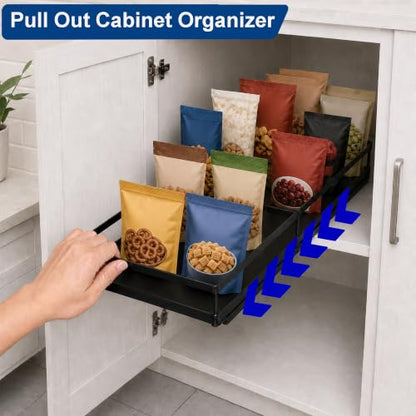 Pull Out Cabinet Organizer, 1-Tier Metal Slide Out Basket | Black metal mesh basket, smooth slide-out rail, no-drill adhesive setup, for frameless kitchen cabinets and pantry storage