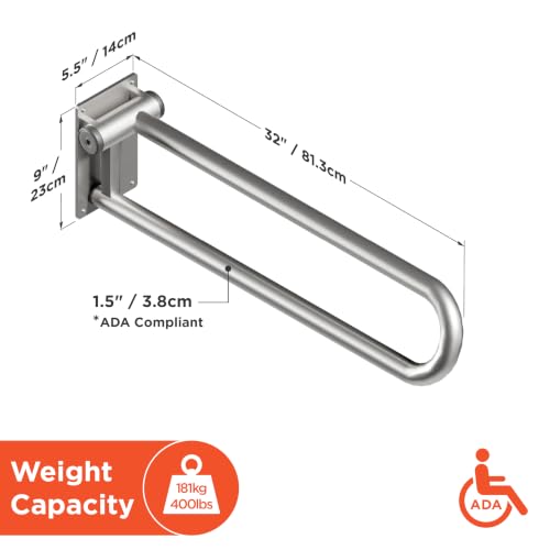 HEALTHCRAFT P.T. Rail 32" Left Side, Fold-Down Rail - Brushed Stainless | Longer 32" reach, wall-mounted hinged rail folds flat when not in use - color: Stainless Steel, size: 32"