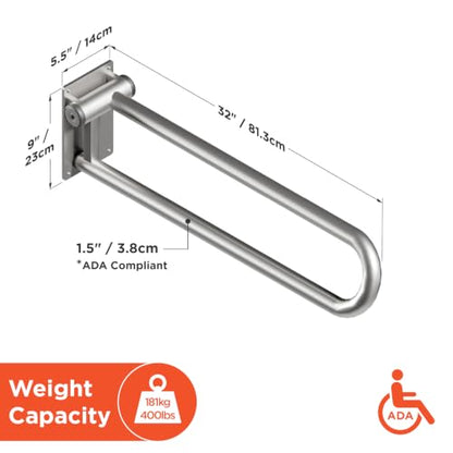 HEALTHCRAFT P.T. Rail 32" Left Side, Fold-Down Rail - Brushed Stainless | Longer 32" reach, wall-mounted hinged rail folds flat when not in use - color: Stainless Steel, size: 32"