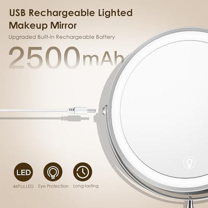 MNIENT Wall Mounted Lighted Makeup Mirror, 1x/10x Rechargeable Magnifying | 3 Colors, Adjustable Brightness Mirror, Double-Sided, 360° Rotation Foldable Led Vanity Mirror with Lights