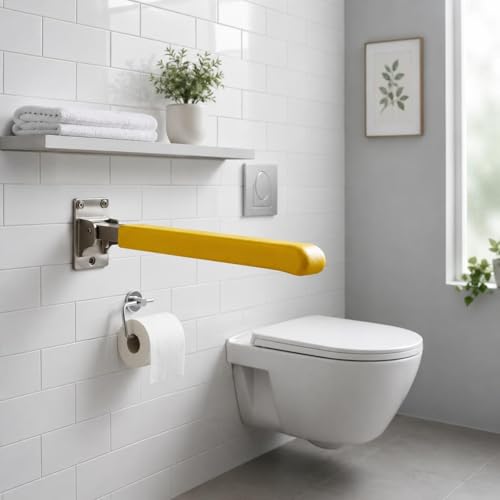 Gralara Surface-Mounted Toilet Grab Bar Non Slip Folding Grab Bar Space Saving Flip up Support Rail for Elderly, Yellow, Bright Yellow, 62CM Folding Toilet Grab Bar Comfortable Grip - color: Bright Yellow