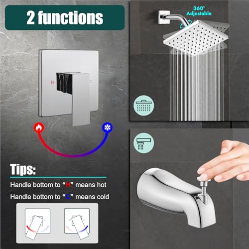 Heyalan 6-Inch Shower Faucet Set with Tub Spout and Valve,Polished Chrome | 6-inch square rainfall head, tub spout with diverter, male-thread rough-in valve, single-handle control and wall-mount design - color: Polished Chrome, size: 6 Inch Square Shower