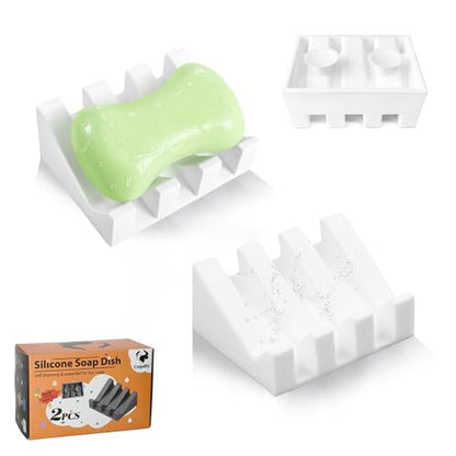 Soap Dish Holder for Shower with Suction Cup, Silicone Soap Holder & Saver Self-Draining Bar Soap Dish Keeps Soap Dry for Bathroom, Kitchen, Bathtub, Extends Soap Life (White-2Pack) - color: White - 2 Pack