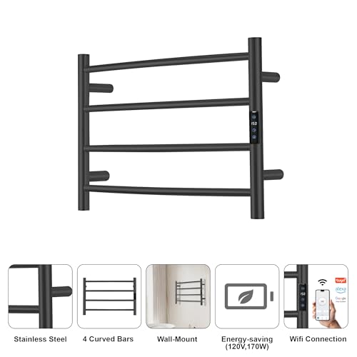 Electric Towel Rack with Voice Control for Alexa & Google Home,TUYA - Wall-Mounted Bathroom Heating Towel Warmer,Plug-in,Stainless Steel Material,16.54x23.62x5.51 in,Black,4 Bars - color: Black With Wifi, size: 4 Bar