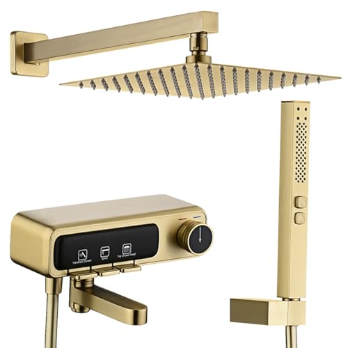 Rainfall Showerhead and Handle Set, 10" Bathroom Shower System, 3 Functions Wall Mounted Shower Faucet Complete Combo Solid Brass with Foldable Tub Spout Modern Bathtub Faucet Shower Trim Kit - color: Brushed Gold