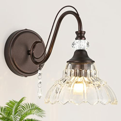 1 Piece Oil Rubbed Bronze Finish Wall Sconce, 1-Light Modern Wall Sconce with Hanging Crystal Accents and Flower-Shaped Clear Shades for Bathroom Bedroom Living Room,Modern Vanity Light - color: Oil-Rubbed Bronze, size: 1-Light