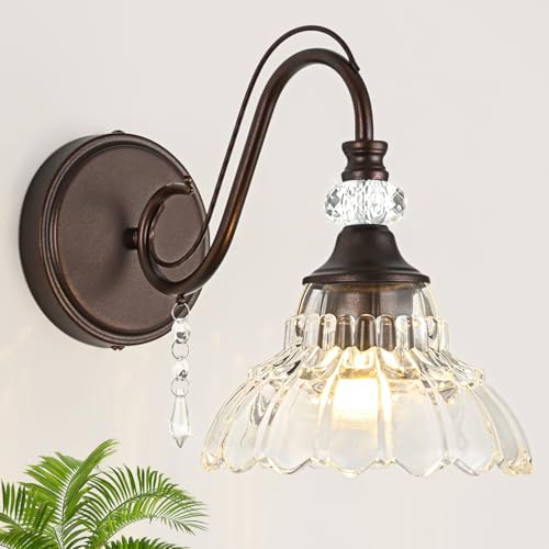 1 Piece Oil Rubbed Bronze Finish Wall Sconce, 1-Light Modern Wall Sconce with Hanging Crystal Accents and Flower-Shaped Clear Shades for Bathroom Bedroom Living Room,Modern Vanity Light - color: Oil-Rubbed Bronze, size: 1-Light