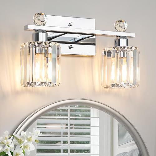 2-Light Silvery Bathroom Vanity Light Fixtures, Brushed Silvery | Modern, Clear Crystal Glass Shade, Bath Wall Mount, For Bedroom Living Room - color: silvery, size: Linear-2-Light