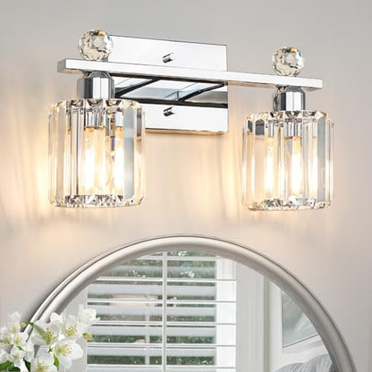 2-Light Silvery Bathroom Vanity Light Fixtures, Brushed Silvery | Modern, Clear Crystal Glass Shade, Bath Wall Mount, For Bedroom Living Room - color: silvery, size: Linear-2-Light