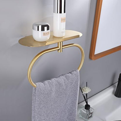 Towel Ring with Shelf, Heavy Duty Stainless Steel Bathroom Hardware, Adhesive No-Drill or Drill Mount Wall Mounted Towel Holder for Bathroom and Kitchen (Gold) - color: Gold