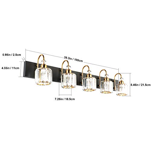 Ralbay Modern LED Bathroom Vanity Lights 5-Lights Crystal Vanity Lights Over Mirror Modern Black Bathroom Vanity Lighting Fixtures - color: Round-Black+Gold, size: 5-light