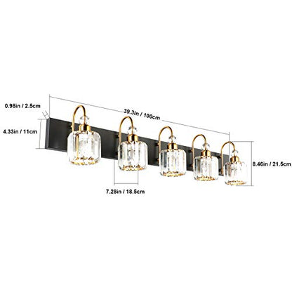 Ralbay Modern LED Bathroom Vanity Lights 5-Lights Crystal Vanity Lights Over Mirror Modern Black Bathroom Vanity Lighting Fixtures - color: Round-Black+Gold, size: 5-light