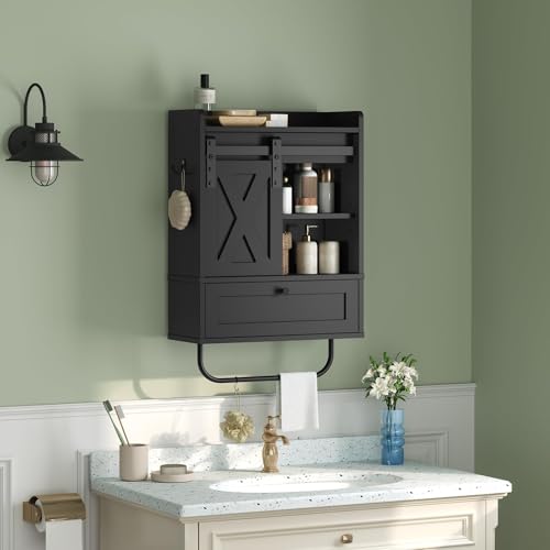 MAHANCRIS Bathroom Wall Cabinet, Farmhouse Medicine Cabinets with Sliding Door, Wall Mounted Storage Cabinet with Adjustable Shelf and Towel Bar, for Bathroom, Living Room, Kitchen, Black - color: Black