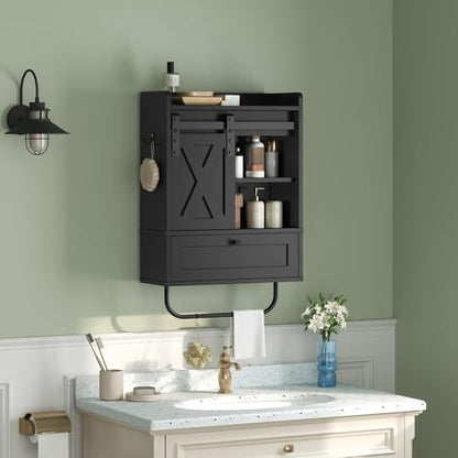 MAHANCRIS Bathroom Wall Cabinet, Farmhouse Medicine Cabinets with Sliding Door, Wall Mounted Storage Cabinet with Adjustable Shelf and Towel Bar, for Bathroom, Living Room, Kitchen, Black - color: Black