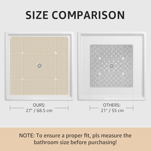Yolife Square Shower Mat, 27" x 27" Large Shower Mat with Drain Hole in Middle, Soft TPE Non Slip Shower Mats for Inside Shower with Suction Cups, Anti Slip Washable Shower Floor Mat, Brown - color: Brown