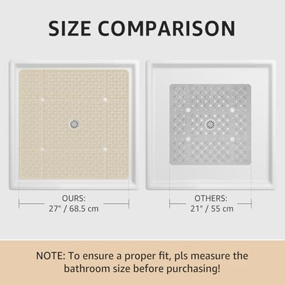 Yolife Square Shower Mat, 27" x 27" Large Shower Mat with Drain Hole in Middle, Soft TPE Non Slip Shower Mats for Inside Shower with Suction Cups, Anti Slip Washable Shower Floor Mat, Brown - color: Brown